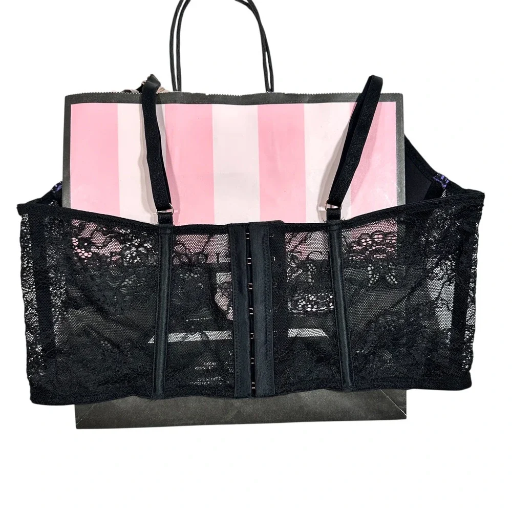 NWT Victoria's Secret Dream Angels Floral Lace Bustier Corset Top Black Purple L